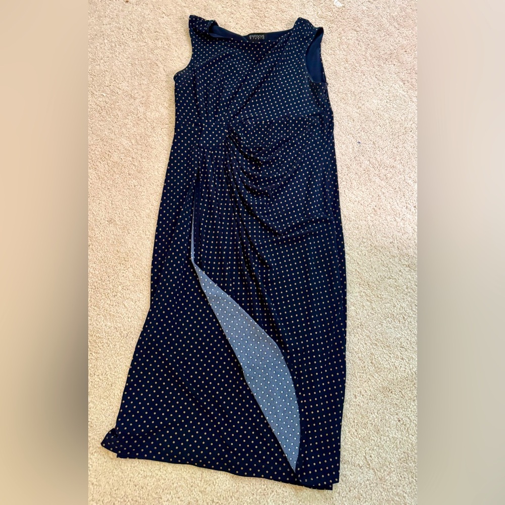En Focus Faux Wrap Dress. Rouching on 1 Side. Navy w/ white dots